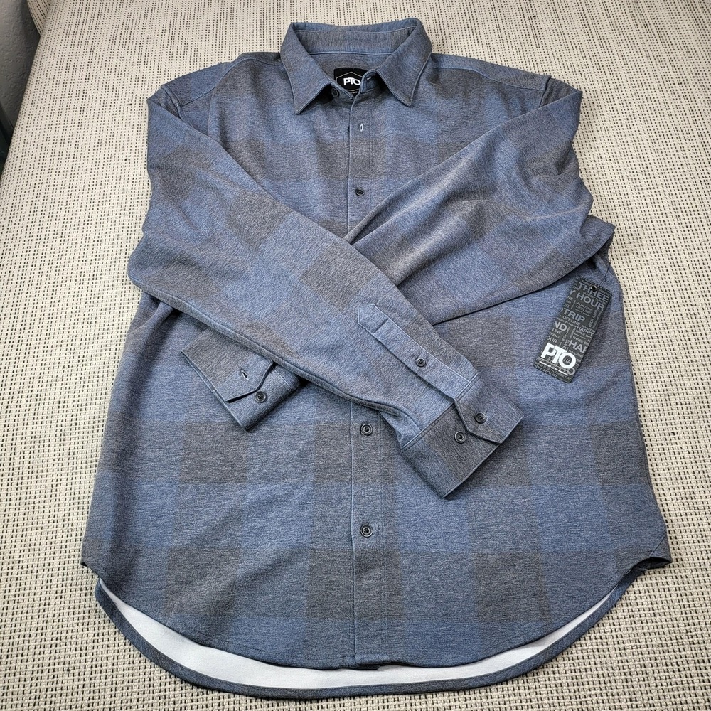 PTO Shirt Mens XL Blue Check Long Sleeve Button Front Casual Woven Performance‎